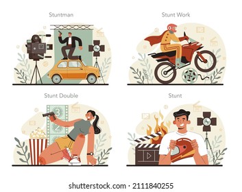 Stuntman concept set. Actor performing dangerous stunt on motorcycle or car. Movie production, hollywood industry. Flat vector illustration