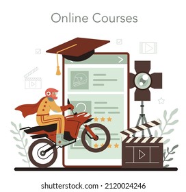 Stuntman online service or platform. Actor performing stunt on motorcycle or car. Movie production, hollywood industry. Online course. Flat vector illustration