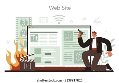 Stuntman Online Service Or Platform. Actor Performing Stunt On Motorcycle Or Car. Movie Production, Hollywood Industry. Website. Flat Vector Illustration