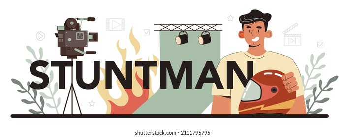 Stuntman typographic header. Actor performing dangerous stunt on motorcycle or car. Movie production, hollywood industry. Flat vector illustration