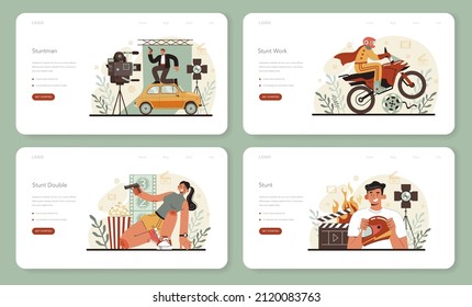 Stuntman web banner or landing page set. Actor performing dangerous stunt on motorcycle or car. Movie production, hollywood industry. Flat vector illustration