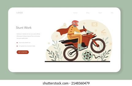 Stuntman web banner or landing page. Actor performing dangerous stunt on motorcycle or car. Movie production, hollywood industry. Flat vector illustration