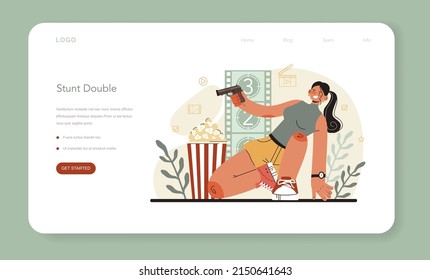 Stuntman web banner or landing page. Actor performing dangerous stunt on motorcycle or car. Movie production, hollywood industry. Flat vector illustration