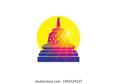 Stupa Borobudur Temple Silhouette in purple color icon. Buddhist Temple in Central Java, Indonesia. World heritage UNESCO. Vector Ilustration