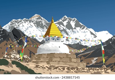 Stupa with prayer flags and Mount Everest and Lhotse peak, way to Mt Everest base camp, Nepal Himalayas mountains, vector illustration