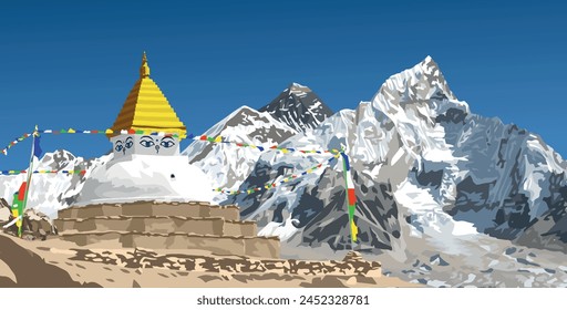 Stupa with prayer flags and Mount Everest and Nuptse peak, way to Mt Everest base camp, Nepal Himalayas mountains, vector illustration