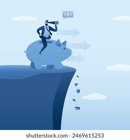 Stupid businessman rides piggy bank to abyss. Unprofitable investment of funds, male investor loses money due to erroneous decisions. Loss of pension savings. Financial disaster. vector illustration