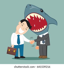 Stupid businessman stick his head in shark mouth, vector illustration cartoon