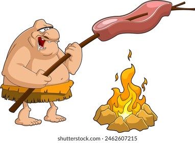 El Estúpido Personaje De Dibujos Animados De Caveman Cocina Un Gran Filete. Vector Dibujado A Mano Ilustración Aislado Sobre Fondo Transparente