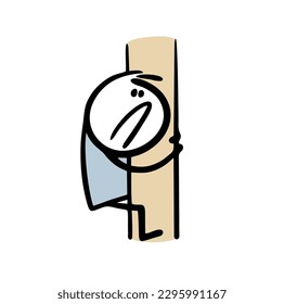 Stupid character climbed high up a tree, grabbed the trunk and can't get down. Vector illustration of a frightened child on a smooth pole.