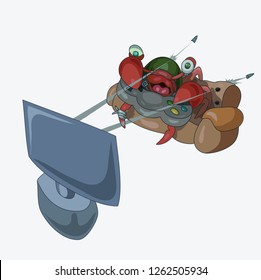 Stupid crab gamer plays an action shooter on 
his couch, vector illustration

