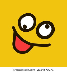 Stupid emoticon with tongue in doodle style. Cartoon face expressions isolated on yellow background