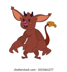 stupid playful devil with shaggy paws vector illustration with a contour in a cartoon style