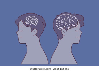 Stupid and smart man stand side by side, with silhouette of brain of different sizes, for concept of differences in people intelligence. Guy with giant brain, thanks to erudition, is next to fool