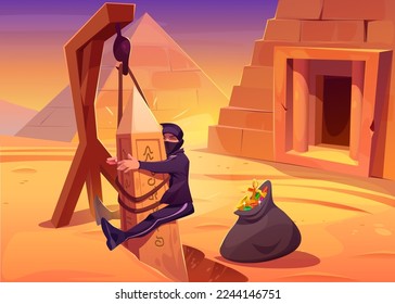 Stupid tomb robber in black trapped with sack full of antique treasures. Vector cartoon illustration of criminal character bumping head on stone column, bag of gemstones and gold lying on ground