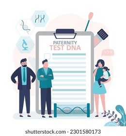 Stupid woman does not know who is father of her daughter. Paternity testing, concept. Genetic laboratory, DNA research, test results, report. Relationship, partnership. flat vector illustration