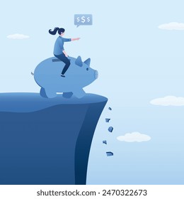 Stupid woman rides a piggy bank to an abyss. Unprofitable investment of funds, female investor loses money due to erroneous decisions. Loss of pension savings. Financial disaster. vector illustration