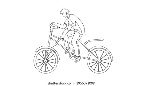 Stupidity Boy Put Spoke In Bicycle Wheel Black Line Pencil Drawing Vector. Stupid Man Bicycling And Putting Stick In Transport Wheel. Character Guy Riding Bike And Make Dangerous Action Illustration