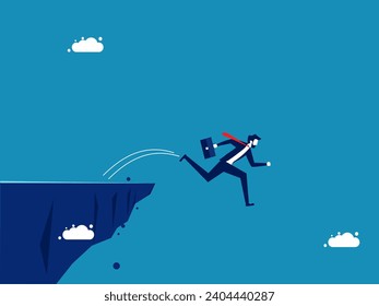 Stupidity or causing harm to oneself. Businessman jumps off a cliff. vector 