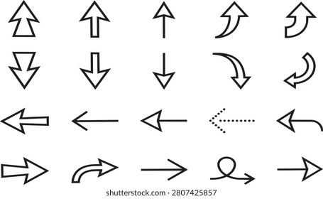 Sturdy arrow icons showcasing thick outlines looped paths and various directional head styles set.