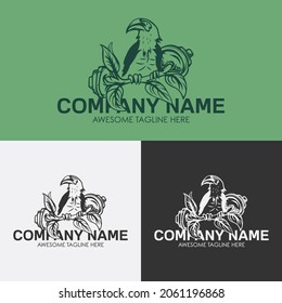 Plantilla de logotipo de pájaro Sturdy con barbell y tres variantes de color negro, blanco y verde