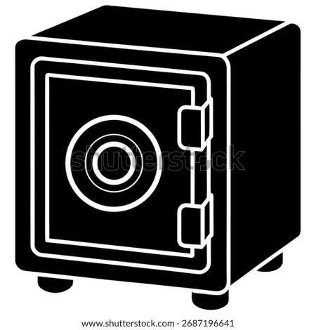 A sturdy black silhouette of a safe, , showcasing its secure design with a combination lock and strong box, perfect for security and finance themes