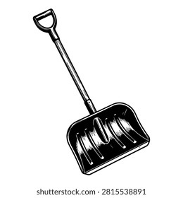 A sturdy black snow shovel featuring a metal handle and curved blade, ideal for clearing snow from driveways and walkways during winter.