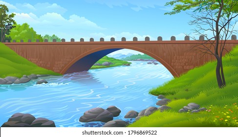 A sturdy bridge made up of solid bricks connecting two land masses over a freshwater river.