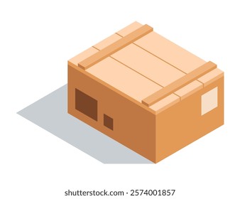 A sturdy brown shipping box that is equipped with tape and an identification label