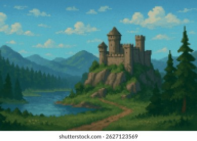 A sturdy castle stands on a forested hilltop, surrounded by a winding river and framed by distant mountains.