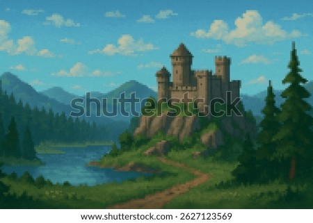 A sturdy castle stands on a forested hilltop, surrounded by a winding river and framed by distant mountains.