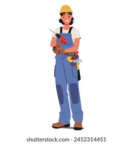 Sturdy Female Construction Worker, Wearing Protective Gear, Stands Confidently With A Drill In Hand, Ready To Tackle The Task Ahead. Female Contractor Character. Cartoon People Vector Illustration