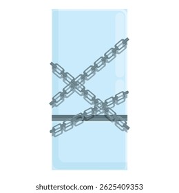 La puerta de cristal robusta se asegura con las cadenas múltiples y una cerradura, enfatizando el concepto de seguridad y acceso restringido
