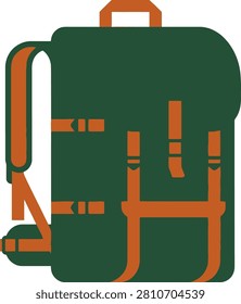 A sturdy green backpack with orange straps, perfect for outdoor adventures and travel