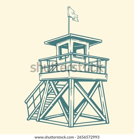 A sturdy lifeguard tower stands tall on the sandy beach with a flag waving gently in the breeze. The sun shines brightly giving a relaxed and inviting atmosphere to beachgoers.