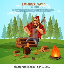 Sturdy lumberjack woodsman holding ax with muscled tattooed hands near campfire forest bacground cartoon poster vector illustration