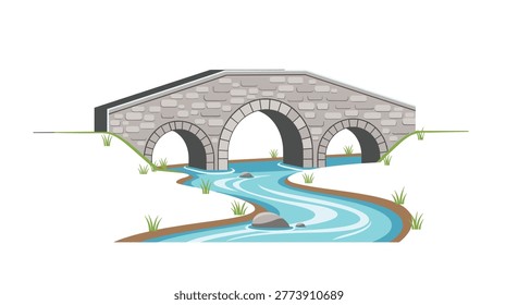 A sturdy, multi-arched stone bridge gracefully spans a flowing blue river surrounded by green grassy banks.