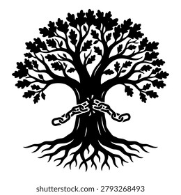 Sturdy oak tree featuring deep roots and severed metal chains representing strength and liberation.