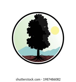 Sturdy tree under the mountains logo design inspiration