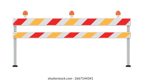 A sturdy under construction barrier features bright red and yellow stripes and warning lights.