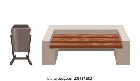 Sturdy Wooden Bench With Concrete Elements , Accompanied By A Sleek Metal Garbage Bin. The Bench Offers A Place To Rest