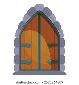 Sturdy wooden door with metal accents is set into a stone archway