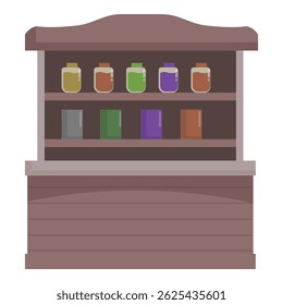 Barracas resistentes do mercado de madeira apresentando uma variedade de produtos coloridos em frascos de vidro e recipientes