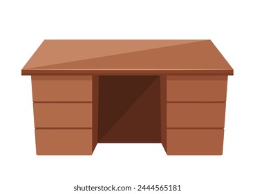 Sturdy Wooden Working Table With A Smooth Surface, Equipped With Ample Storage Drawers And Shelves, Vector Illustration