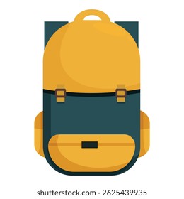 Sturdy yellow and teal backpack standing upright, ready for hiking, camping, or travel