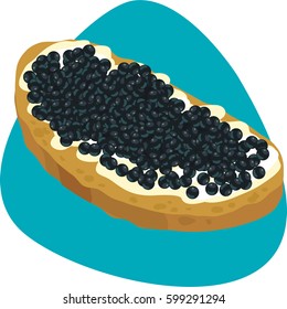 Sturgeon black roe with bread and butter. Isolated. On blue background. 