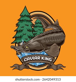 Sturgeon fish badge cartoon illustration with forest background, perfect for fishing clubs, outdoor adventure, wildlife, and nature-themed