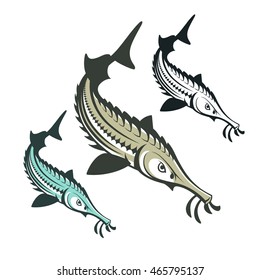 Sturgeon Fish Logo Template Vector Illustration. Sturgeon Fish Icon. Beluga. Sterlet. Kaluga. Atlantic Or Gulf Sturgeon. Russian Sturgeon. Siberian Sturgeon. For Your Brand, Restaurant Menu And Market