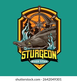 Sturgeon fish Logotype in Colorful Vector Cartoon Illustration for sticker badge emblem t-shirt banner invitation
