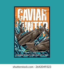 Sturgeon Fish Poster in Cartoon Illustration. Perfect for fishing clubs, outdoor adventure, wildlife, and nature-themed